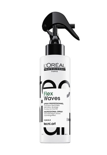 Bottle of LOreal Professionnel Tecni.Art Flex Waves texturising salt spray on a clean white background