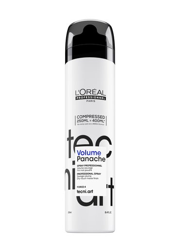 Bottle of LOreal Professionnel TecniArt Volume Panache hair powder spray for savage volume drytouch texture and a matte finish on a clean white background