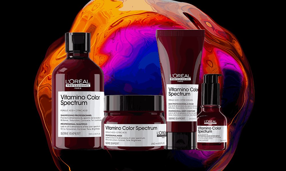 A product shot of the LOreal Professionnel Vitamino Color Spectrum range on a dark background